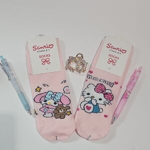 Sanrio Pink Character Socks, Hello Kitty Rhinestone Metal hair Clip & 2 Pens NEW